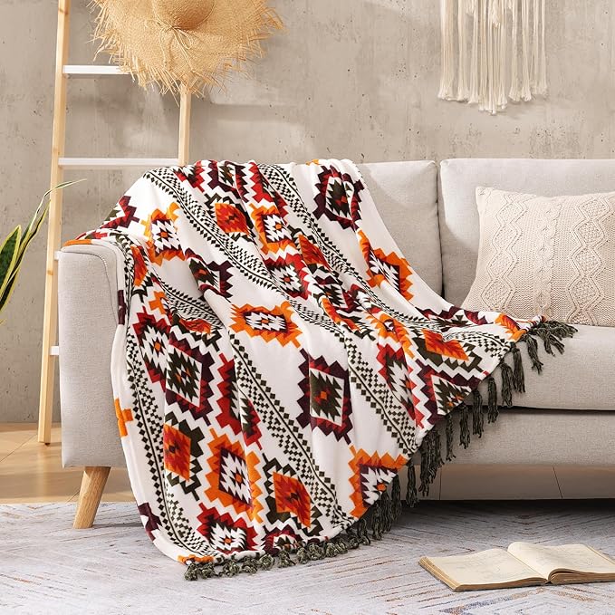 CASAAGUSTO Boho Throw Blanket - Orange and Green Decorative Blankets with Tassel, Printed Flannel Bohemian Blanket for Chair, Bed, Sofa, Couch(60 * 80, Orange and Green)-Ruum Studio Home