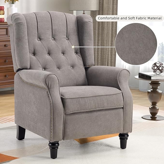 CANMOV Push Back Recliner Chair, Accent Chair,Mid Century Wingback Recliner, Fabric Push Back Recliner Chair Single Armchair Sofa with Rivet Decoration,Button-Tufted Back for Living Room, Grey-Ruum Studio Home