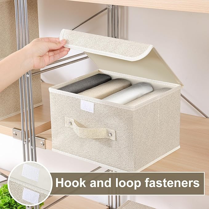 Storage Boxes, Collapsible Storage Bins with Lids, Cotton and linen cloth Storage Baskets with Handle, for Books, Closet, Bedroom, Home, 10.2x7.9x6.7 in, Grey and Beige-Ruum Studio Home