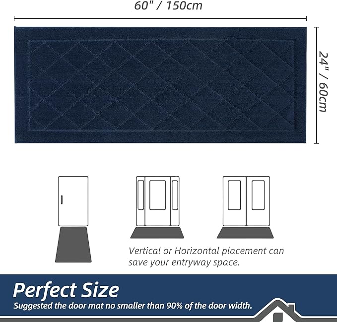 BEQHAUSE Dirt Trapper Door Mat 24" x 60", Doormat Non-Slip Entryway Rugs Washable, Dog Door Mat Stain Resistant and Absorbent Welcome Floor Mat for Front Back Door, Muddy Wet Shoes & Paws, Navy Blue-Ruum Studio Home