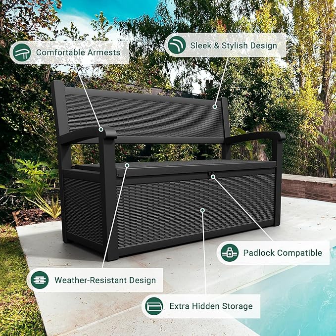 70 Gallon Lockable Outdoor Storage Bench Waterproof, Deck Box Bench for Patio, Porch, Garden, Poolside, Stores Tools & Pool Supplies, Heavy-Duty Outdoor Bench with Storage, Black-Ruum Studio Home