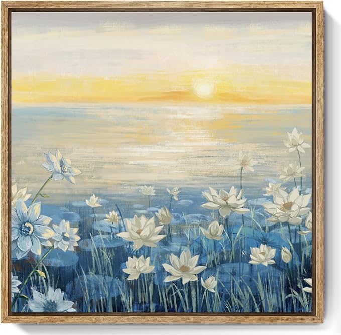 Bathroom Decor Wall Art-Framed Canvas Wall Art Modern Beach Coastal Floral Sunset Boho Ocean Artwork Blue Yellow Lotus Flower Zen Wall Picture for Bedroom Kitchen Office Small-Ruum Studio Home