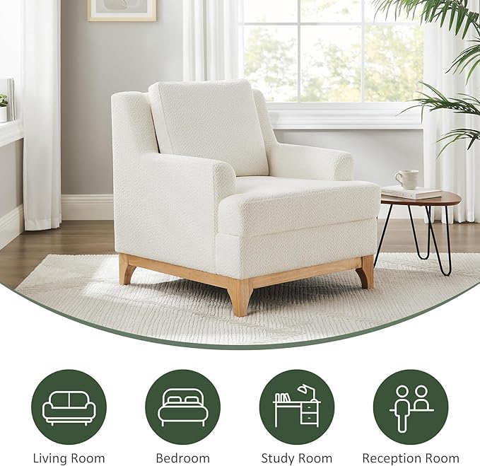 Oversized Accent Chair, Modern Boucle Armchair with Wood Legs, Modern Reading Chair with Thick Cushion, Comfy Chairs for Living Rooms, Bedrooms, Reading nooks and Apartments-Ruum Studio Home
