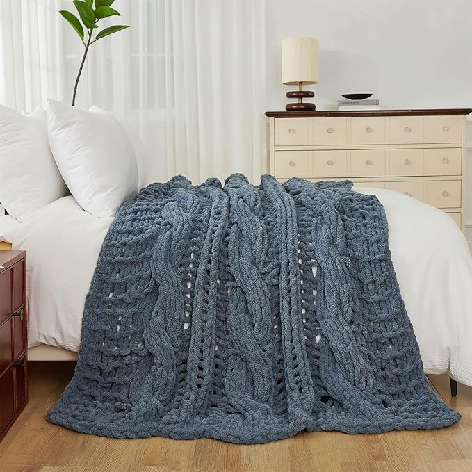 Esterra Chunky Knit Blanket Throw 50"x60", 100% Hand Knitted Chenille Throw Blanket, Cozy Soft Thick Cable Knit Throw Large Rope Knot Crochet Throw Blanket for Sofa Couch Bed, Blue Mirage-Ruum Studio Home