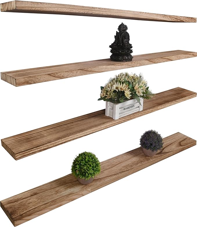 Wood Floating Shelves for Wall Decor, Rustic Wall Shelves for Bedroom Bathroom Kitchen Living Room, Set of 4 Light Walnut 48 Inch-Ruum Studio Home