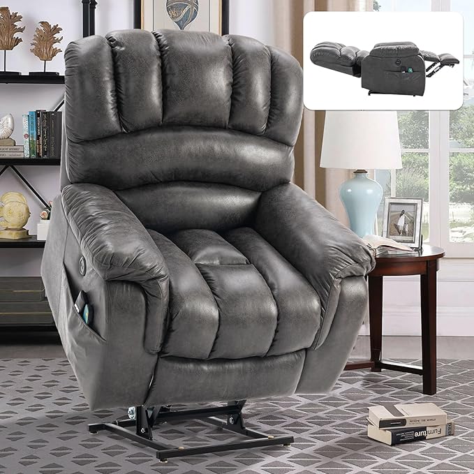 VIVIJASON Large Dual OKIN Motor Lay Flat Sleeper Lift Recliner Chair with Heat & Massage for Elderly, Infinite Position Electric Power Recliner with 2 Remote Controls, Side Pockets & USB Ports, Gray-Ruum Studio Home