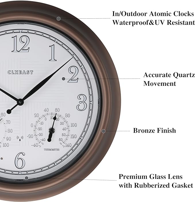 CLXEAST 18 Inch Illuminated Outdoor Indoor Atomic Analog Wall Clock with Temperature & Humidity, Lighted Outdoor Clocks for Patio Large Waterproof with Thermometer,Bronze Finish,House Warming Gifts-Ruum Studio Home