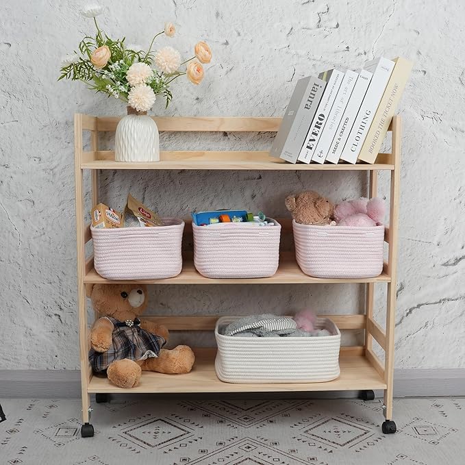 Small Woven Storage Baskets 12“X8”X5“ Decorative Rope Bins for Organizing Shelves, Closets, and Toys, Empty Gift Baskets, Cute Organizer Basket for Home and Office (pink, regular)-Ruum Studio Home