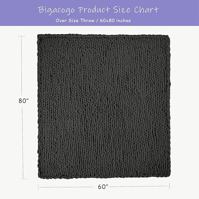 Bigacogo Chunky Knit Throw Blanket for Couch, 60x80 inches, 100% Hand Knitted with Thick Jumbo Chenille Yarn, Cozy Soft Large Rope Knot Cable Crochet Blankets for Sofa Bed Living Room, Dark Grey-Ruum Studio Home