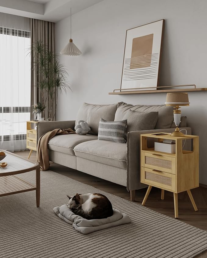 Rattan Nightstand with Charging Station,Modern Bedside Table with 2 Storage Drawer and Open Wood Shelf, for Bedroom and Small Spaces,Night Stand with Solid Wood Legs (Yellow Oak)-Ruum Studio Home