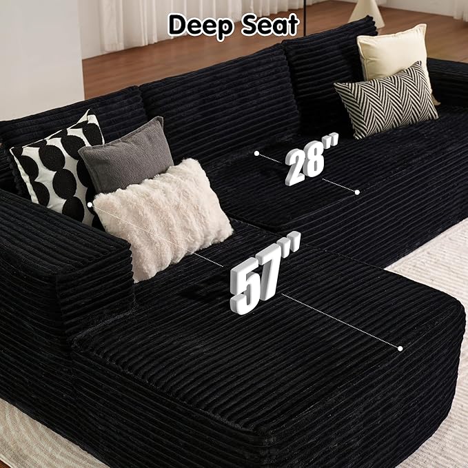 ovios 104" Cloud Sectional Couch with L-Shape Chaise,Modern Modular Sofa with Deep Seat, Upholstered Couches for Living Room Bedroom,No Assembly Required, Black (Plush Corduroy Fabric)-Ruum Studio Home
