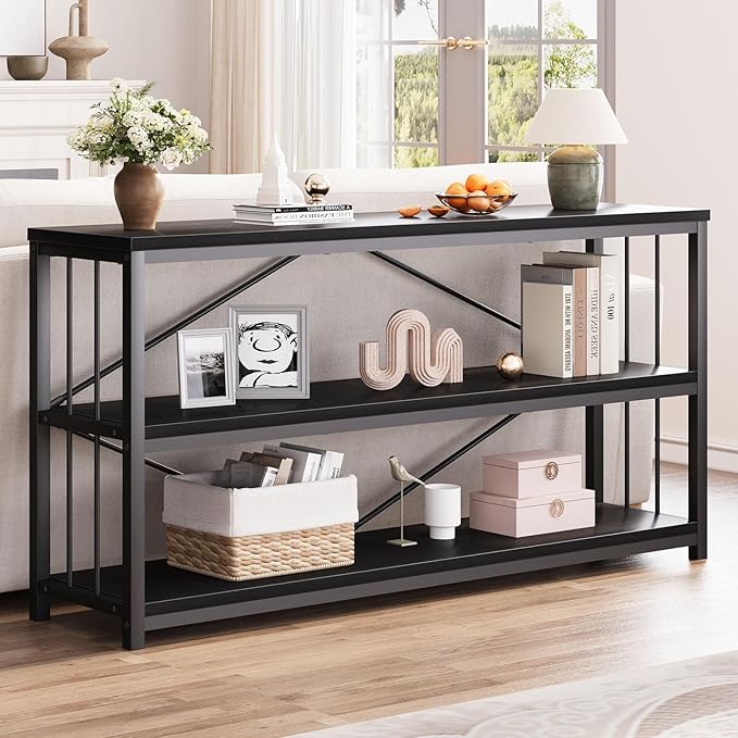 LVB Black Entryway Table, Modern Narrow Console for Hallway, Industrial Farmhouse Foyer Table with Storage Shelves, 63 Inch-Ruum Studio Home