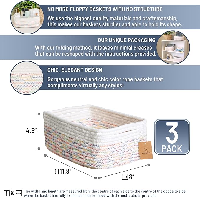 NaturalCozy 11.8"x8"x4.5” Rectangle Storage Baskets for Shelves 3 Pack | Cotton Rope Woven Small Baskets for Organizing | Small Storage Bins for Nursery, Bathroom, Closet, Shelf, Decorative, Gift-Ruum Studio Home