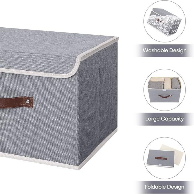 ANMINY 2PCS Storage Bins with Lid PU Leather Handles Storage Boxes PP Plastic Board Decorative Foldable Lidded Cotton Linen Fabric Home Cubes Baskets Closet Organizer Containers - Gray, Large Size-Ruum Studio Home