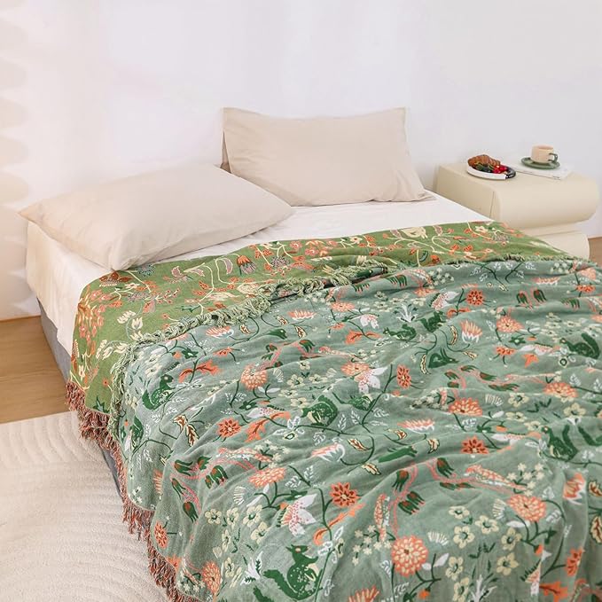 Snycler Boho Throw Blanket for Bed - 100% Cotton Ultra Soft Rustic Quilt Green Blanket - Floral Printed Farmhouse Decor Bed Blankets, 80"×90" All Season Rustic Throw for Sofa Couch Chair-Ruum Studio Home