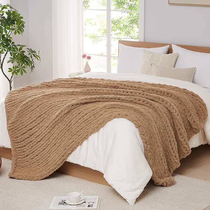 L'AGRATY Chunky Knit Blanket Throw: 72''x84'' Chenille Chunky Knitted Throw Blankets for Bed Couch - Handmade Thick Big Cable Knit Blanket - Large Crochet Rope Blankets for Home Decor(Tan)-Ruum Studio Home