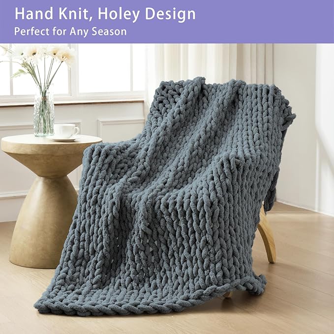 Bigacogo Chunky Knit Throw Blanket for Couch, 60x80 inches, 100% Hand Knitted with Thick Jumbo Chenille Yarn, Cozy Soft Large Rope Knot Cable Crochet Blankets for Sofa Bed Living Room, Iron Gray-Ruum Studio Home