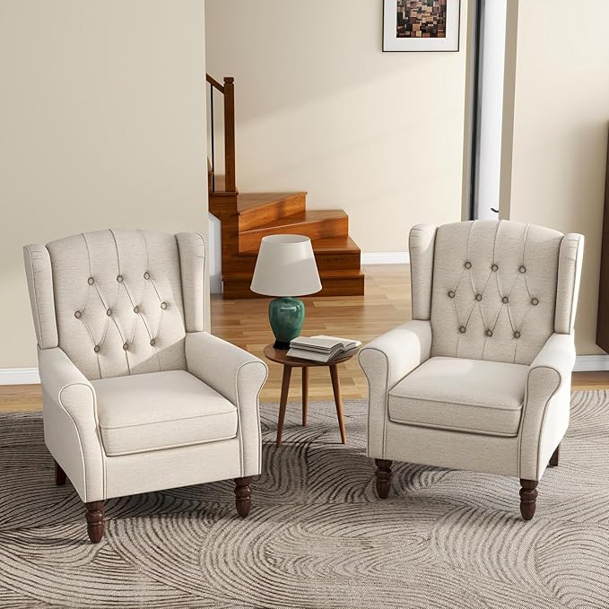 UIXE High Back Accent Chairs Set of 2, Upholstered Armchair in Fabric for Living Room, Retro Wingback Arm Chair Comfy Single Sofa Bedroom Reading Seat with Solid Wood Legs - Beige-Ruum Studio Home