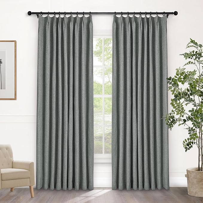 Macochico 100% Blackout Mid Grey Linen Curtains 84 Inches Long Pinch Pleated Burlap Curtains for Bedroom Living Room Farmhouse Nursery Thermal Window Panels with Tieback 72”Wx84”L 1 Panel-Ruum Studio Home