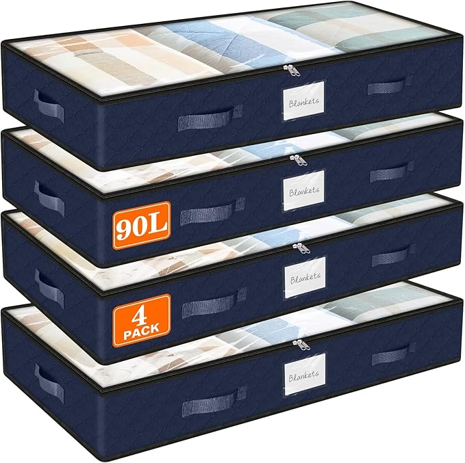 SpaceWhisper 90L Under Bed Storage Containers, 4-Pack Storage Bins with Clear Top, Foldable Closet Organizers and Storage with Label Holder for Clothing, Blankets, Comforter & Pillows(Blue)-Ruum Studio Home