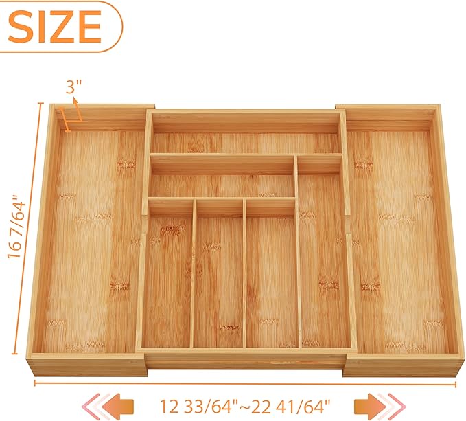 BAMEOS 3" Deepth Expandable Drawer Organizer, Deep Flatware Organizer, Adjustable Silverware Organizer, Bamboo Drawer Organizer for Kitchen, Bathroom (Natural)-Ruum Studio Home