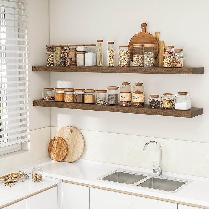 RICHFOCUS 72Inch Floating Shelves for Wall 2 Pack Shelves for Bedroom|Kitchen|Bathroom Wall Mounted Rustic Wood Floating Shelf with Invisible Brackets for Books|Storage|Decor, Walnut-Ruum Studio Home