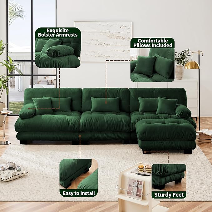 Modular Sectional Sofa, Comfy Cloud Couch 3 Seater Couch with Ottoman, Sectional Couches for Living Room, Modern Chenille L Shaped Couches, Sleeper Deep Seat Sofa with Throw Pillows, Green-Ruum Studio Home