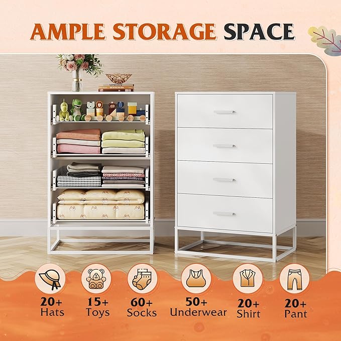 WLIVE White Wood Dresser for Bedroom with 4 Drawers, Tall Chest of Drawers with Sturdy Metal Frame for Living Room, Hallway, Closet-Ruum Studio Home