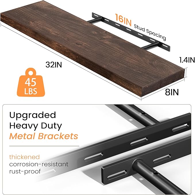 Floating Shelves for Wall, 32" Flat Edge Solid Elm Wood Floating Shelf, Wall-Mounted Display Shelves with Invisible Heavy-Duty Metal Bracket, Floating Shelf for Kitchen (Wanlut, Set of 2)-Ruum Studio Home
