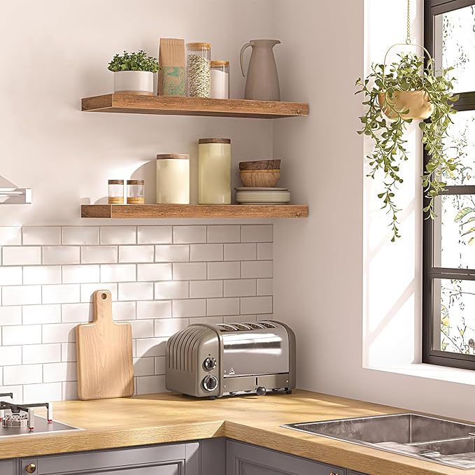 HOOBRO Floating Shelves for Wall, Wall Mounted Shelf Set of 2, 23.6" Hanging Shelf with Invisible Brackets, for Wall in Bathroom, Bedroom, Toilet, Kitchen, Living Room, Office, Rustic Brown BF60BJ01-Ruum Studio Home