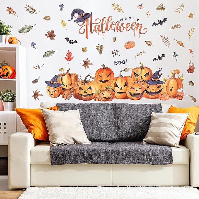 clothmile 38.18 x 36.15 Inch Halloween Wall Decals Halloween Pumpkins Bat Leaves Wall Stickers Removable Halloween Peel and Stick Sticker for Halloween Party Supplies Home Window Decor-Ruum Studio Home