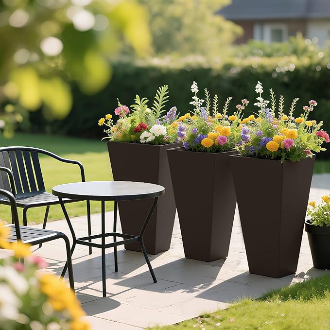 Outsunny Tall Planters for Outdoor Plants Set of 3, 28 in Taper Planters with Drainage Holes, Indoor Grande Plant Pots, Front Porch Decor, Brown-Ruum Studio Home