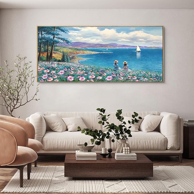 XLSJERST Large Landscape Wall Art - Blue Ocean Pink Flower Sailboat Mountain Tree Wall Decor Orange Frame Artwork for Wall Large Picture for Living Room Bedroom Home Office Decoration Size 29x58-Ruum Studio Home