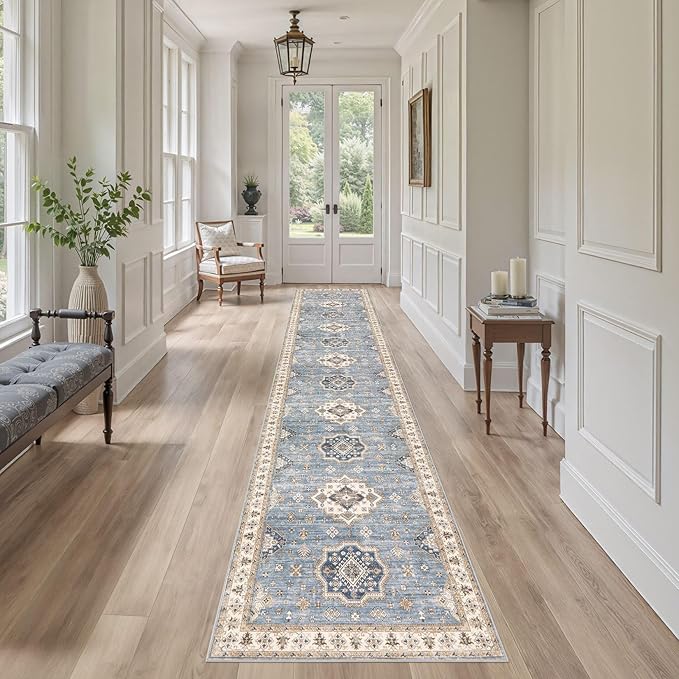 Washable 2.6x12 Runner Rug - Area Rugs Neutral Vintage Distressed Floral Farmhouse Boho Large Soft Floor Rug Indoor Carpet for Hallway Entryway Kitchen Home - Blue-Ruum Studio Home