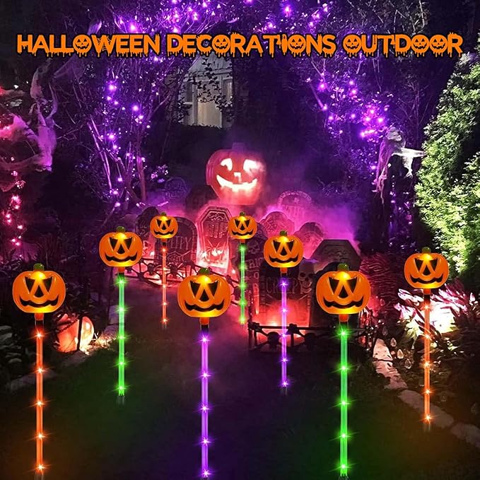12 Pack Solar Pumpkin Lights for Halloween Decorations Outdoor, Waterproof Halloween Pathway Lights with 8 Modes, Orange Purple and Green Halloween Walkway Stake Lights for Yard Garden Party Decor-Ruum Studio Home