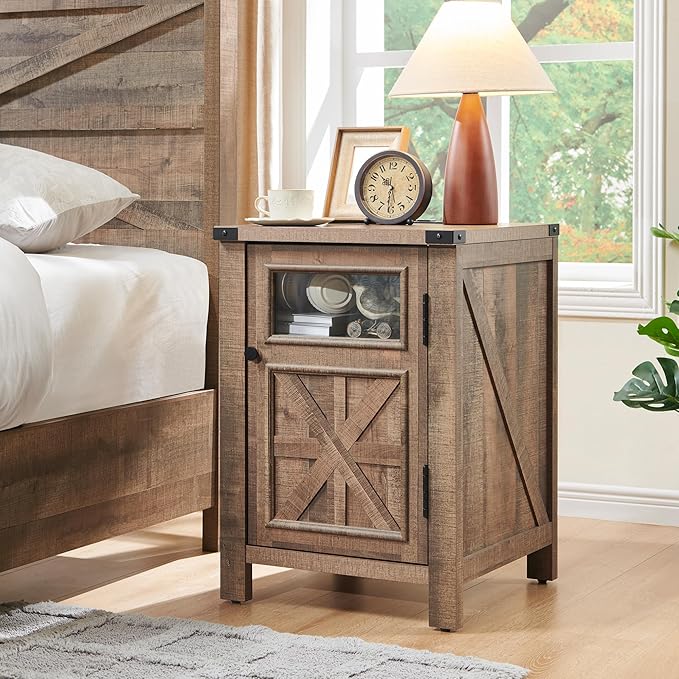 JXQTLINGMU Farmhouse End Table with Charging Station, 18'' Rustic Nightstand with Barn Door & Adjustable Shelf, Wooden Sofa Side Table with 3-Tier Storage for Living Room, Bedroom, Warm Brown-Ruum Studio Home