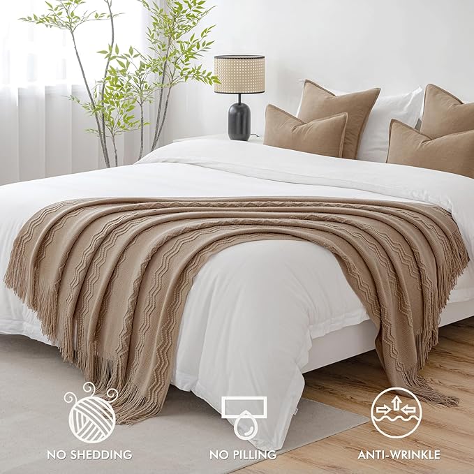 MIULEE Tan Taupe Knitted Throw Blanket for Couch Boho Textured Cozy Woven Blanket with Tassels for Sofa Chair Bed Living Room Farmhouse Home Decor Acrylic Wave Pattern 50"x60"-Ruum Studio Home