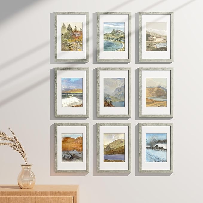 Vittanly 8x12 Picture Frames Set of 9, Shatter Resistant Plexiglass, Display 6x8 Pictures with Mat or 8x12 without Mat, Photo Frames for Wall or Tabletop, Engineered Wood, Grey-Ruum Studio Home