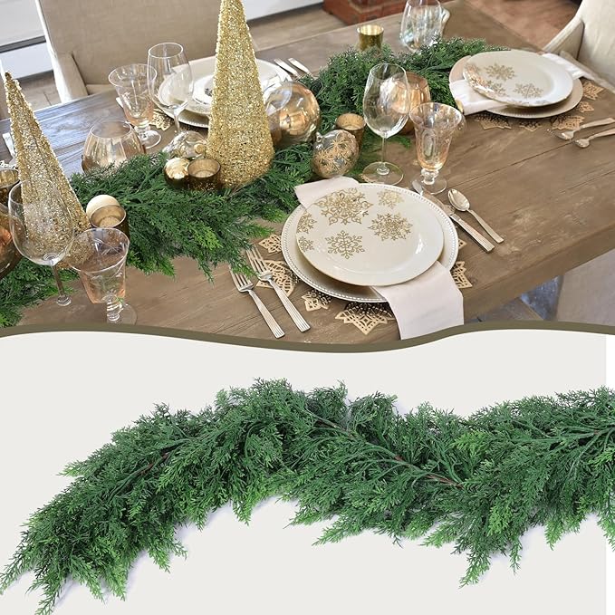 Hananona 6 FT 2 Pcs Artificial Cedar Garlands, Real Touch Winter Cedar Garland, Green Artificial Greenery Pine Garland for Table, Mantle, Wall, Indoor, Outdoor Christmas Decorations (2, 6 FT)-Ruum Studio Home