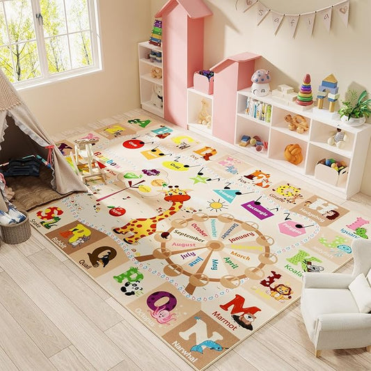 Kids Rugs for Playroom Washable, Educational and Fun Learning Rugs with ABC Alphabet Animals Shapes, Baby Toddler Children's Play Mat for Bedroom Classroom Nursery, 3x5 Feet, Beige and Pink-Ruum Studio Home