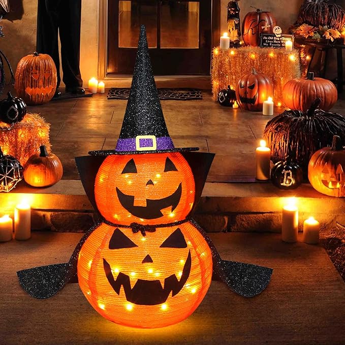 3FT Halloween Collapsible Pumpkin Decoration, 50 LED Pop-Up Pumpkin Lamp with Star Cap, Plug in Halloween Jack-O-Lantern with Metal Stand for Indoor Outdoor Garden Patio Party Decor-Ruum Studio Home