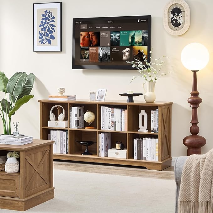 Farmhouse 8 Cube Bookshelf, Storage Organizer Bookcase, Kids Toy Storage Cabinet, Long Bookshelves Storage Organizer Shelf, Wood Display Cabinet Book Shelves for Bedroom,Living Room, Natural Oak-Ruum Studio Home