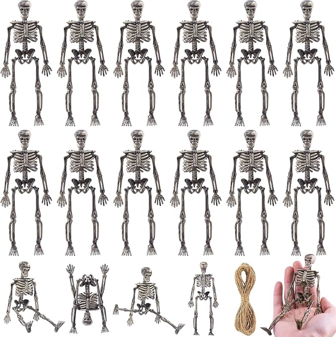 16 Pcs mini skeleton halloween decoration With hemp rope，6”small plastic posable halloween tiny skeleton figurines decor for Halloween Indoor Outdoor Graveyard Decor Haunted House Party Favors-Ruum Studio Home