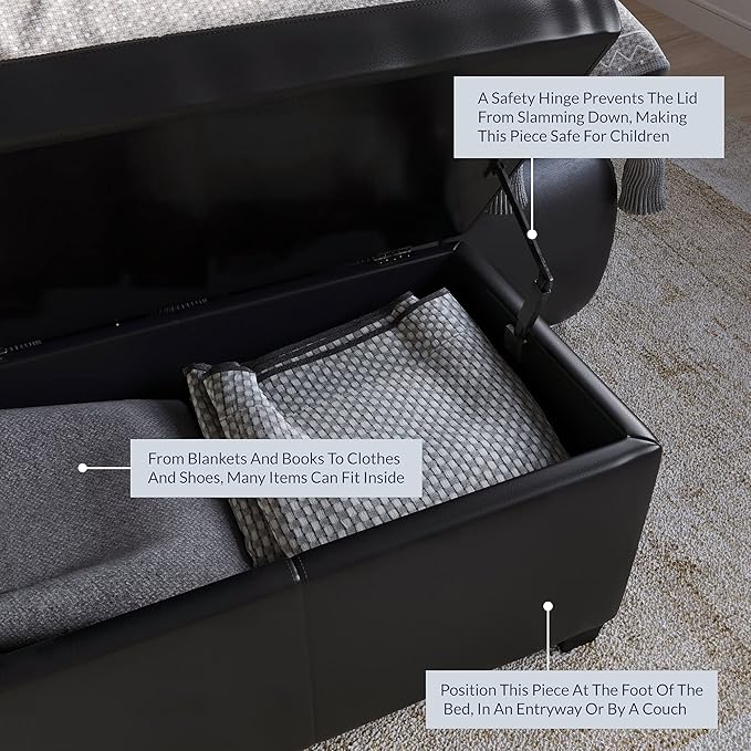 BELLEZE 47 Inch Storage Ottoman, Faux Leather Storage Bench Bedroom Bench with Safety Close Hinge, Ottoman with Storage for Living Room, Entryway, Hallway, Foot Rest, Support 300lbs - Black-Ruum Studio Home