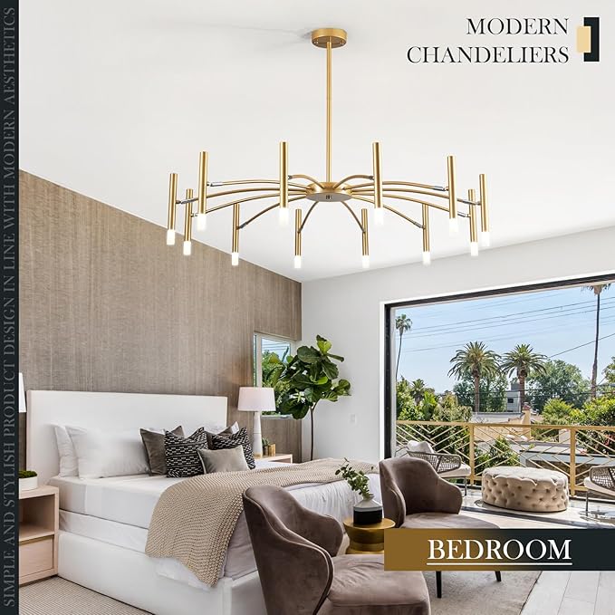 Gold Modern Chandelier 39.4" Large Chandelier Lighting Adjustable Ceiling Pendant Light 12 Light Pendant Light Fixtures for Living Room Dining Room Foyer-Ruum Studio Home