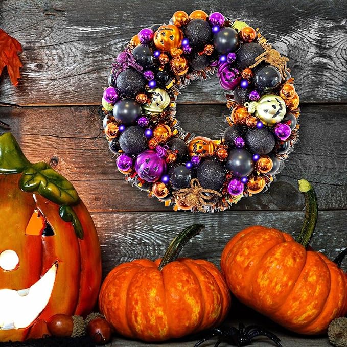 13.8 Inch Halloween Ball Wreath for Front Door with Lights, Lighted Cute Treat-or-Trick Door Wreath Ball Ornament for Halloween Indoor Decorations Centerpiece Party Holiday Wall Home Decor-Ruum Studio Home