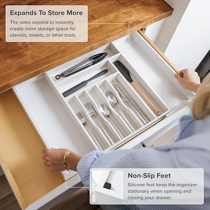 Premium Silverware, Flatware and Utensil Organizer for Kitchen Drawers, Food-Safe Contract Grade, Expandable from 14.5 to 25 In, White Bamboo-Ruum Studio Home