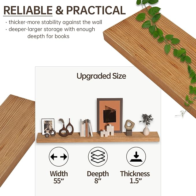 Floating Shelves for Wall, USA-Sourced Fir Wood 55 Inch Wall Shelves Set of 1, Natural Rustic Solid Wooden Floating Shelves Wall Mounted, Nursery Book Storage Shelf, Display Shelf for Bathroom-Ruum Studio Home
