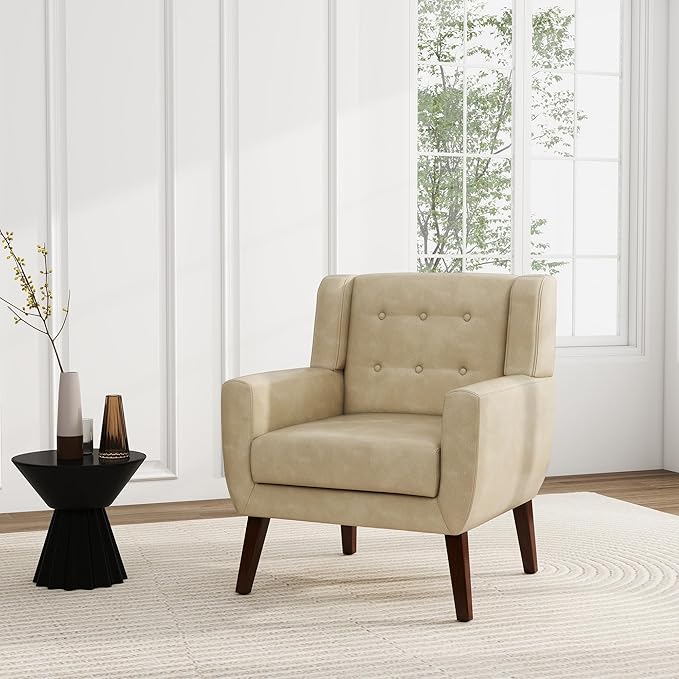 UIXE Faux Leather Accent Chair, Modern Arm Club Chair Upholstered Armchair for Living Room, Comfy Single Sofa Seats Button Tufted Reading Seating, Cream-Ruum Studio Home
