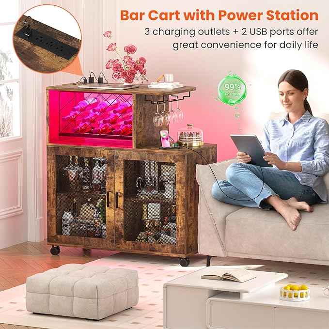 Wine Bar Cabinet with Wheels, Small Liquor Cabinet with LED Light, Home Bar Cart with Power Outlets, Coffee Bar with Wine Rack, Glasses Storage for Kitchen, Dining Room, Living Room, Vintage-Ruum Studio Home